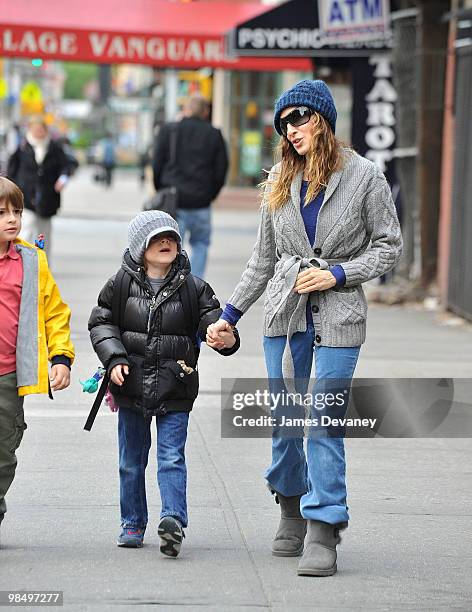 Sarah Jessica Parker and her son James Wilkie Broderick are seen on the streets of Manhattan on April 16, 2010 in New York City.