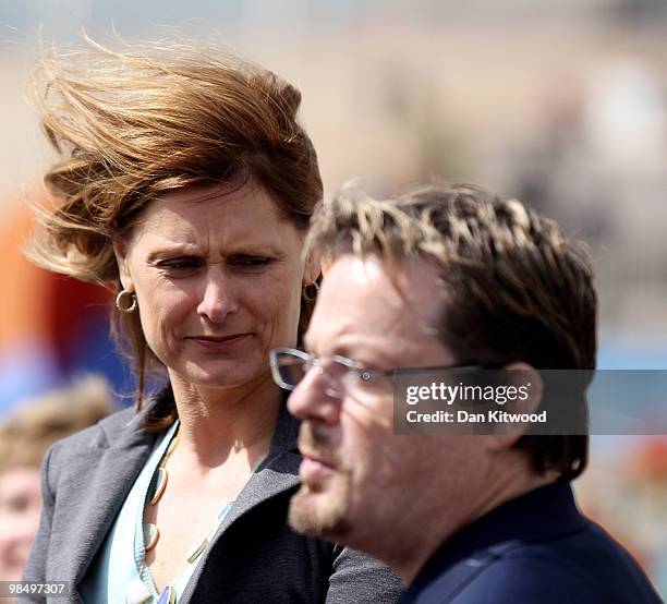 British Prime Minister Gordon Brown's wife Sarah Brown and Eddie Izzard take a stroll down Brighton sea front on April 16, 2010 in London, England....