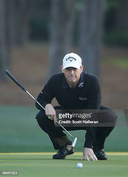 Lee Janzen lines up a putt during the second round of the Verizon Heritage at the Harbour Town Golf Links on April 16, 2010 in Hilton Head lsland,...