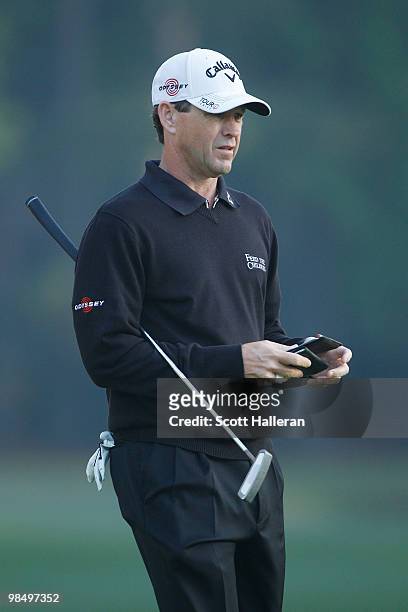 Lee Janzen waits on a green during the second round of the Verizon Heritage at the Harbour Town Golf Links on April 16, 2010 in Hilton Head lsland,...