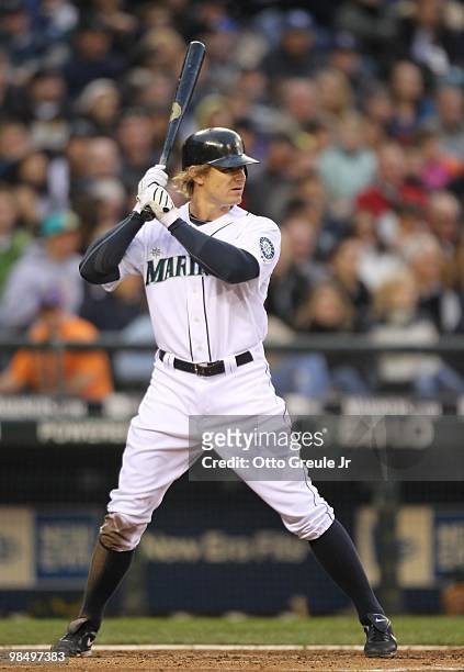 Eric Byrnes of the Seattle Mariners bats against the Oakland Athletics at Safeco Field on April 14, 2010 in Seattle, Washington.