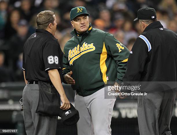 Manager Bob Geren of the Oakland Athletics argues with the umpires during the game against the Seattle Mariners at Safeco Field on April 14, 2010 in...