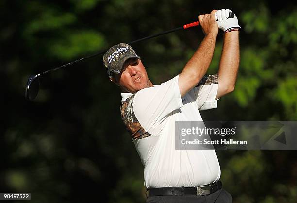 Boo Weekley hits his tee shot on the fifth hole during the second round of the Verizon Heritage at the Harbour Town Golf Links on April 16, 2010 in...