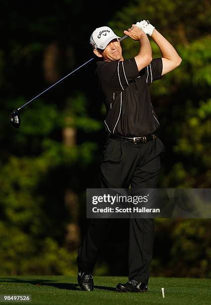 Lee Janzen watches a tee shot during the second round of the Verizon Heritage at the Harbour Town Golf Links on April 16, 2010 in Hilton Head lsland,...