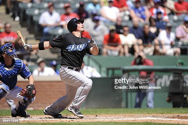 Travis Snider of the Toronto Blue Jays bats during the game against the Texas Rangers at Rangers Ballpark in Arlington in Arlington, Texas on...