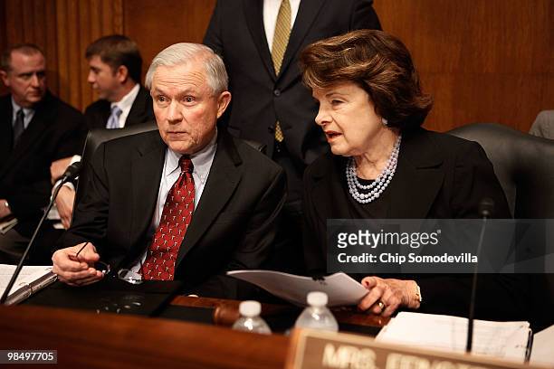 Senate Judiciary Committee ranking Republican Sen. Jeff Sessions and committee member and Sen. Dianne Feinstein prepare to question University of...