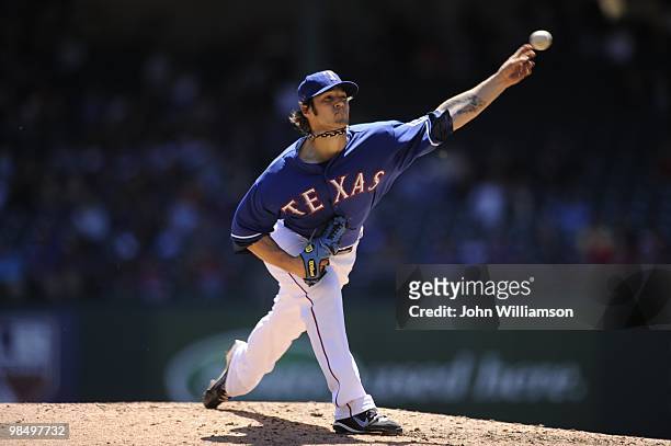Wilson of the Texas Rangers pitches during the game against the Toronto Blue Jays at Rangers Ballpark in Arlington in Arlington, Texas on Thursday,...