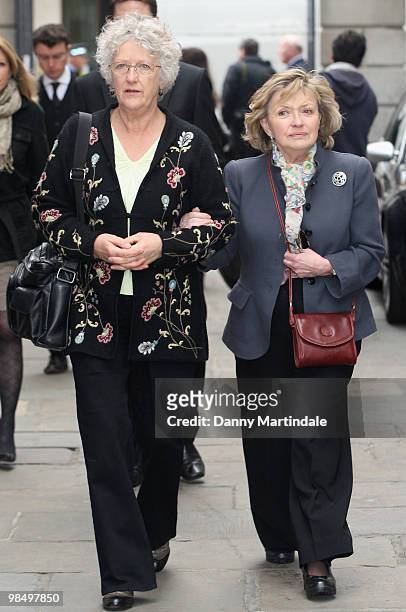 Hannah Gordon and friend attend the funeral of Christopher Cazenove held at St Paul's Church in Covent Garden on April 16, 2010 in London, England.