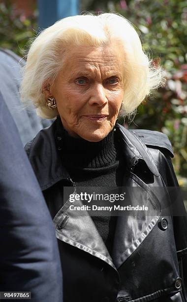 Honor Blackman attends the funeral of Christopher Cazenove held at St Paul's Church in Covent Garden on April 16, 2010 in London, England.