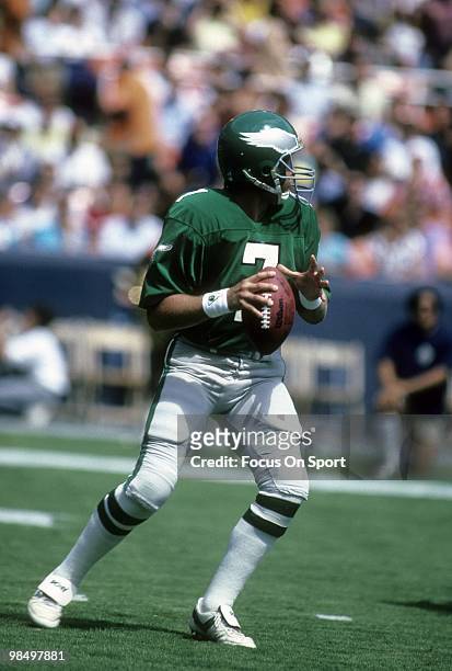 S: Quarterback Ron Jaworski of the Philadelphia Eagles drops back to pass circa mid 1980's during an NFL football game at Veterans Stadium in...