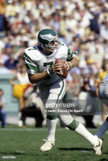 Quarterback Ron Jaworski of the Philadelphia Eagles drops back to pass circa late 1970's during an NFL football game. Jaworski played for the Eagles...