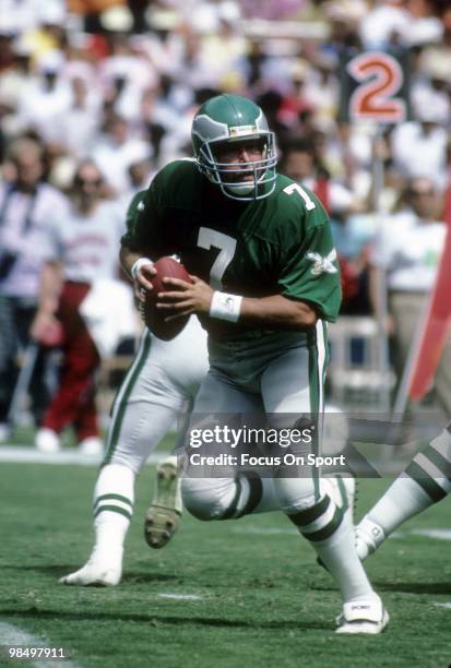 S: Quarterback Ron Jaworski of the Philadelphia Eagles rolls out to throw a pass against the Washington Redskins circa mid 1980's during an NFL...