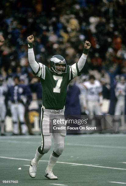 S: Quarterback Ron Jaworski of the Philadelphia Eagles throws his hands in the air after throwing a touchdown pass against the Minnesota Vikings...
