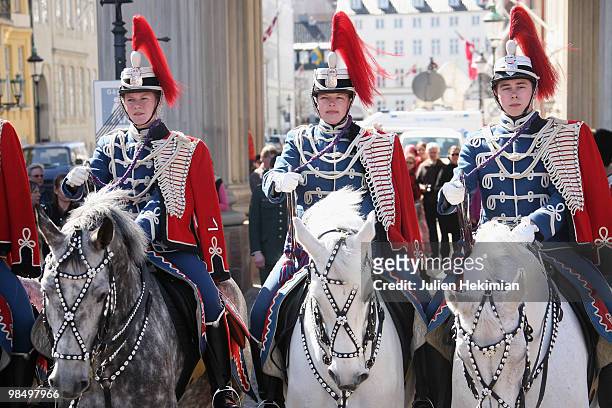 Royal horse guards attend the Queen Margrethe's 70th Birthday Celebrations at Copenhagen city hall on April 16, 2010 in Copenhagen, Denmark.