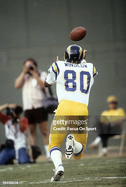 S : Tight End Kellen Winslow of the San Diego Chargers in action dives for a pass circa mid 1980's during an NFL football game at Jack Murphy Stadium...