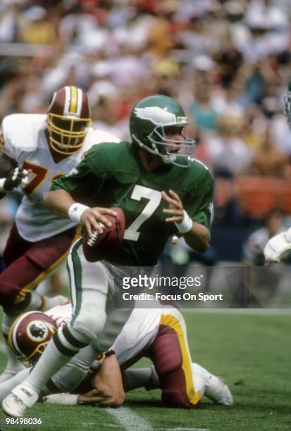 S: Quarterback Ron Jaworski of the Philadelphia Eagles rolls out to throw a pass against the Washington Redskins circa mid 1980's during an NFL...