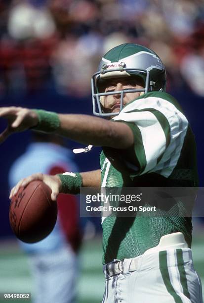 S: Quarterback Ron Jaworski of the Philadelphia Eagles warms up during pre-game circa early 1980's before an NFL football game at Veterans Stadium in...