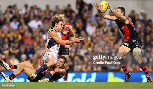 Matt Priddis of the Eagles handballs during the round four AFL match between the West Coast Eagles and the Essendon Bombers at Subiaco Oval on April...