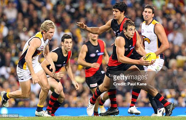 Jobe Watson of the Bombers clears the center during the round four AFL match between the West Coast Eagles and the Essendon Bombers at Subiaco Oval...