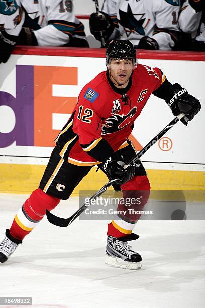 Jarome Iginla of the Calgary Flames skates against the San Jose Sharks on April 6, 2010 at Pengrowth Saddledome in Calgary, Alberta, Canada. The...