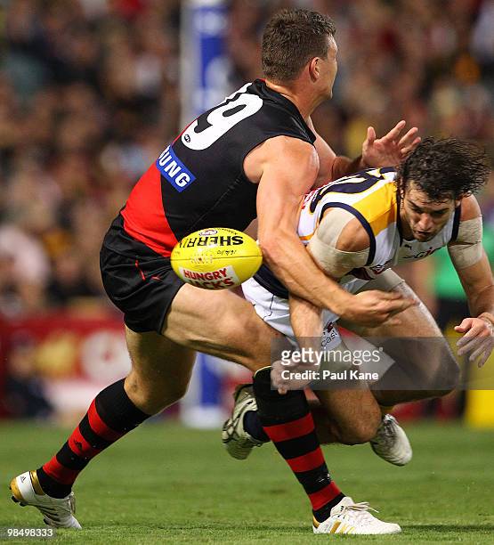 David Hille of the Bombers tackles Matt Spangher of the Eagles during the round four AFL match between the West Coast Eagles and the Essendon Bombers...
