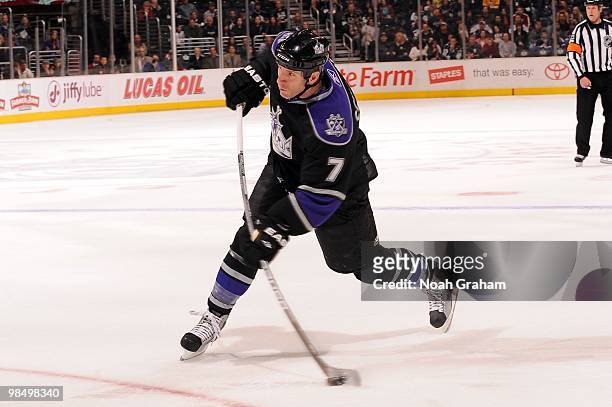Rob Scuderi of the Los Angeles Kings takes a shot against the Edmonton Oilers on April 10, 2010 at Staples Center in Los Angeles, California.