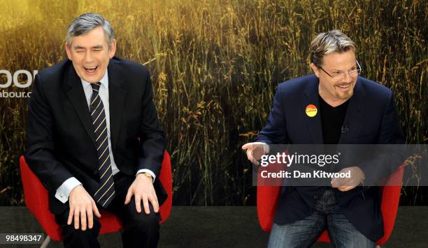 British Prime Minister Gordon Brown and Eddie Izzard speak to students at Brighton and Hove sixth form college on April 16, 2010 in London, England....