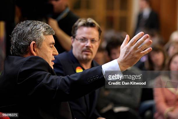 British Prime Minister Gordon Brown speaks on stage with Eddie Izzard to students at Brighton and Hove sixth form college on April 16, 2010 in...