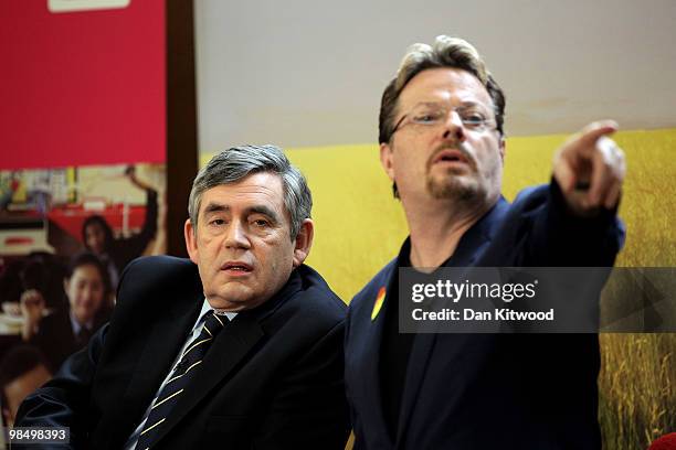 British Prime Minister Gordon Brown and Eddie Izzard speak to students at Brighton and Hove sixth form college on April 16, 2010 in London, England....