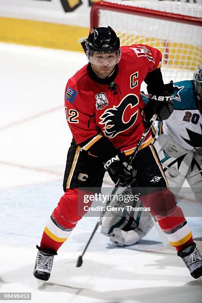 Jarome Iginla of the Calgary Flames skates against the San Jose Sharks on April 6, 2010 at Pengrowth Saddledome in Calgary, Alberta, Canada. The...