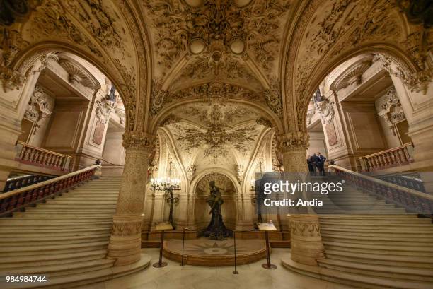 Entrance to the Opera Garnier. Stairs leading to the inside of the opera house. The building is classified as a National Historic Landmark .