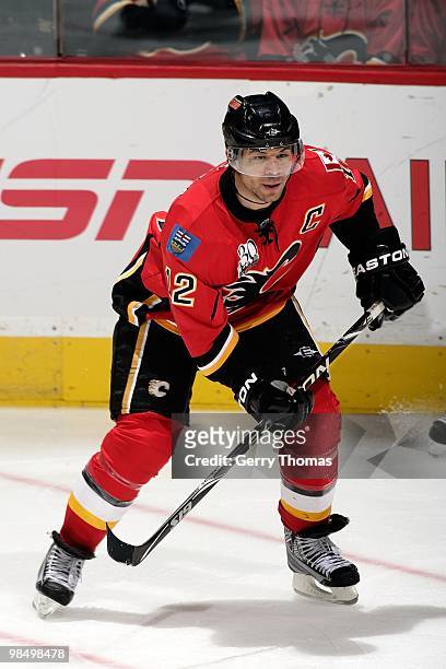 Jarome Iginla of the Calgary Flames skates against the San Jose Sharks on April 6, 2010 at Pengrowth Saddledome in Calgary, Alberta, Canada. The...
