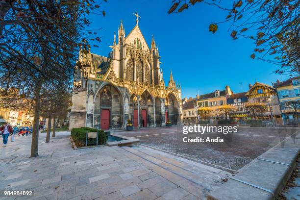 Basilica of Saint Urban of Troyes : outer view of the classical Gothic building, in the square 'place Vernier', in the evening.