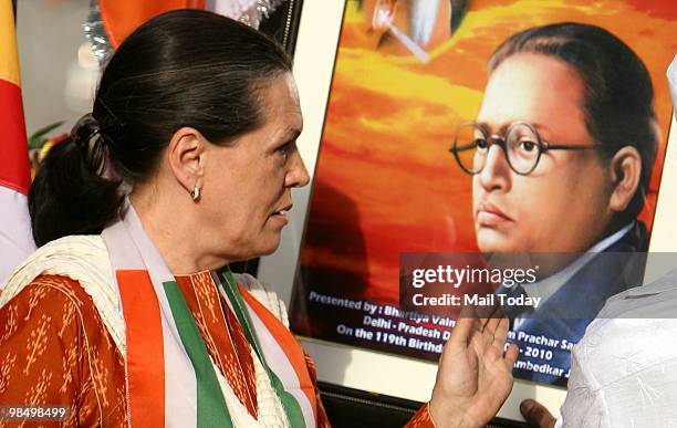 Congress President and United Progressive Alliance Chairperson Sonia Gandhi meets with supporters on the occasion of the 119th birth anniversary of...