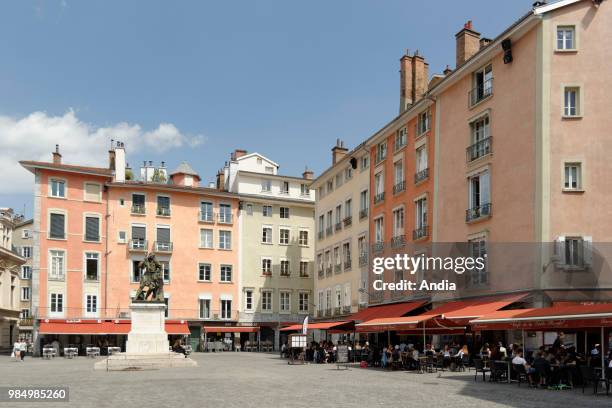 Grenoble : 'place Saint-Andre' square in the city centre. In the middle, statue of the knight Chevalier de Bayard.