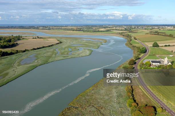 'Cote de la Manche' : aerial view of the Sienne Bay during a spring tide. Rise of the sea level in the regional nature reserve 'Boucles de la...