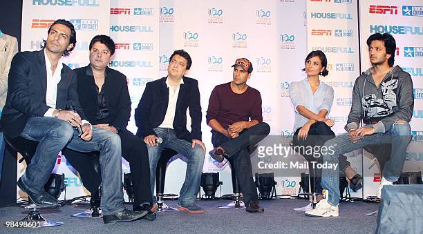Arjun Rampal, Sajid Khan, Sajid Nadiadwala, Akshay Kumar, Lara Dutta and Ritesh Deshmukh attend an event in Mumbai on April 14 announcing the...