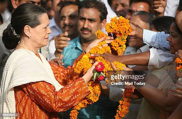 Congress President and United Progressive Alliance Chairperson Sonia Gandhi meets with supporters on the occasion of the 119th birth anniversary of...