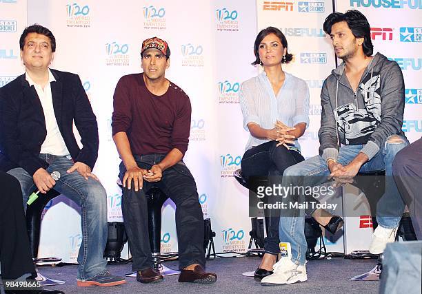 Sajid Khan, Akshay Kumar, Lara Dutta and Ritesh Deshmukh attend an event in Mumbai on April 14 announcing the promotional tie up of Bollywood Hindi...