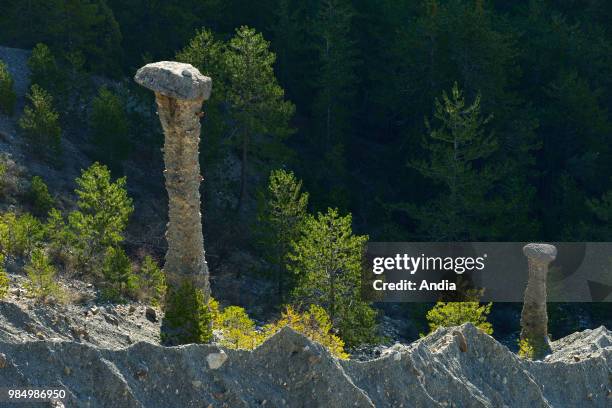 Theus : site known as the 'salle de balle des demoiselles coiffees' . The erosion gave a specific shape to this landscape consisting of tall spires...