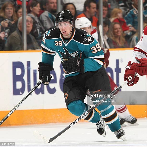 Logan Couture of the San Jose Sharks during an NHL game vs the Phoenix Coyotes on April 10, 2010 at HP Pavilion at San Jose in San Jose, California.