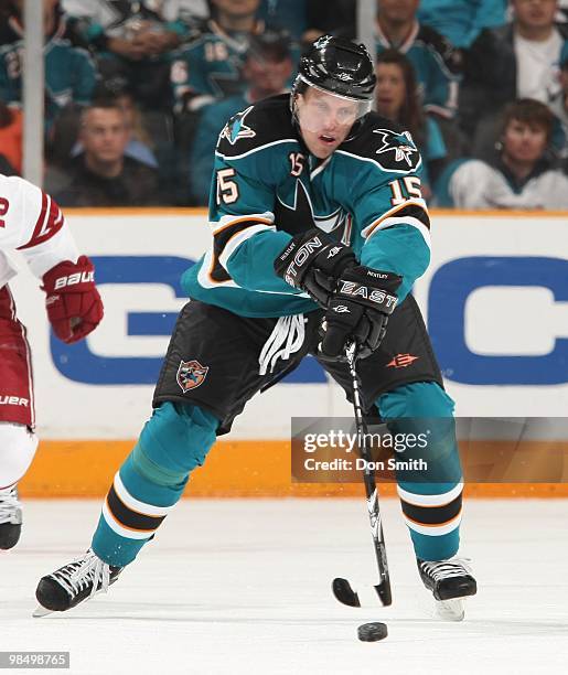 Dany Heatley of the San Jose Sharks handles the puck during an NHL game vs the Phoenix Coyotes on April 10, 2010 at HP Pavilion at San Jose in San...