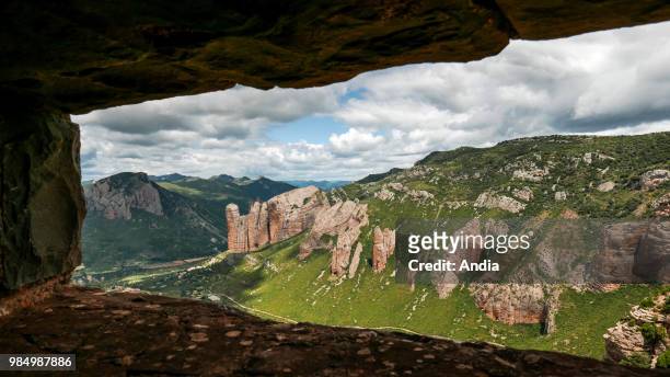 Spain; Aragon Province: Landscape of the Aragonese Pyrenees: Los mallos de Riglos, in the province of Huesca, viewed from the Mirador de los Buitres...