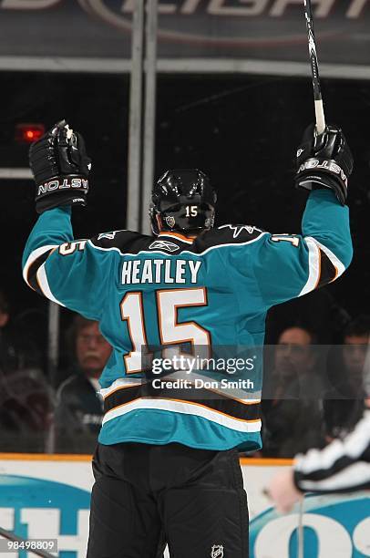 Dany Heatley of the San Jose Sharks celebrates a goal during an NHL game vs the Phoenix Coyotes on April 10, 2010 at HP Pavilion at San Jose in San...