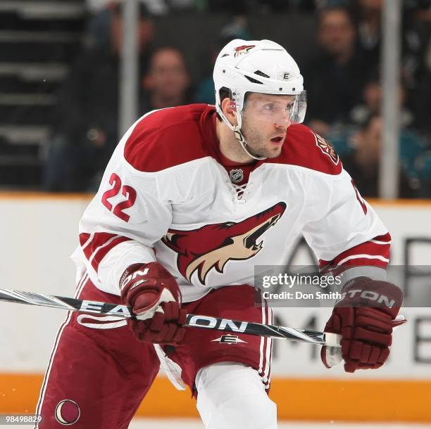 Lee Stempniak of the Phoenix Coyotes watches the action during an NHL game vs the San Jose Sharks on April 10, 2010 at HP Pavilion at San Jose in San...