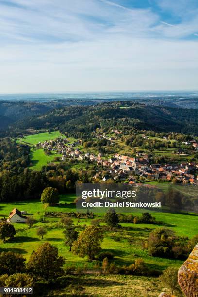 aerial view of le rocher de dabo,  dabo, moselle, france. - rocher stock pictures, royalty-free photos & images