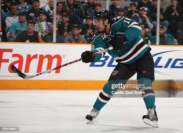 Devin Setoguchi of the San Jose Sharks shoots the puck toward the net during an NHL game vs the Phoenix Coyotes on April 10, 2010 at HP Pavilion at...