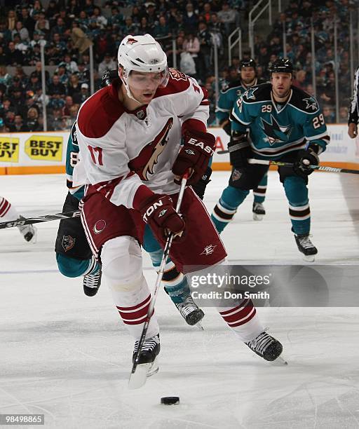 Radim Vrbata of the Phoenix Coyotes moves the puck up ice during an NHL game vs the San Jose Sharks on April 10, 2010 at HP Pavilion at San Jose in...