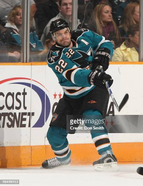 Dan Boyle of the San Jose Sharks passes the puck during an NHL game vs the Phoenix Coyotes on April 10, 2010 at HP Pavilion at San Jose in San Jose,...