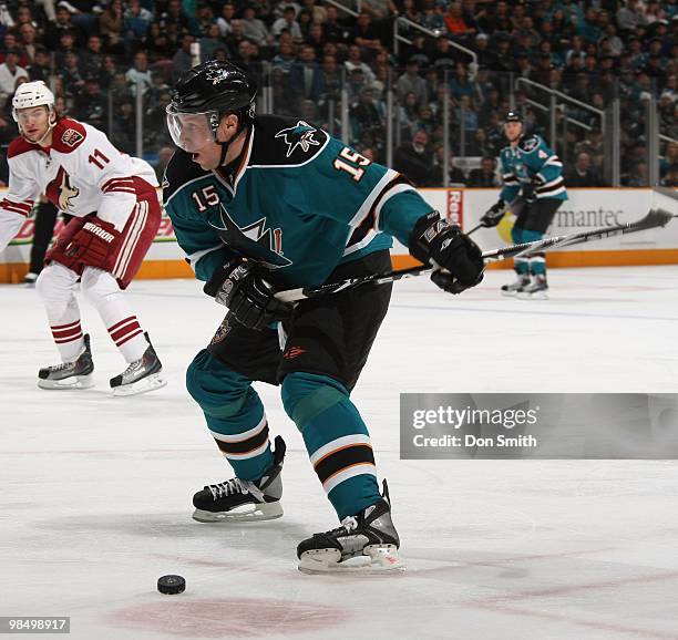 Dany Heatley of the San Jose Sharks shoots the puck during an NHL game vs the Phoenix Coyotes on April 10, 2010 at HP Pavilion at San Jose in San...